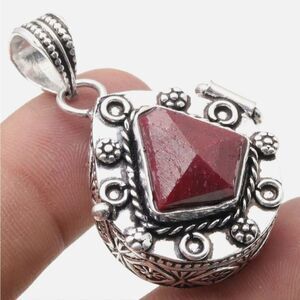 Ruby Silver Plated Poison Box Antique Pendant 1.8" Gemstone Stash Pendant